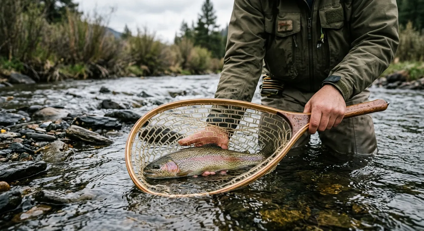 Close-up of a rubber-basket landing net held over clear river water with a rainbow trout visible inside the net