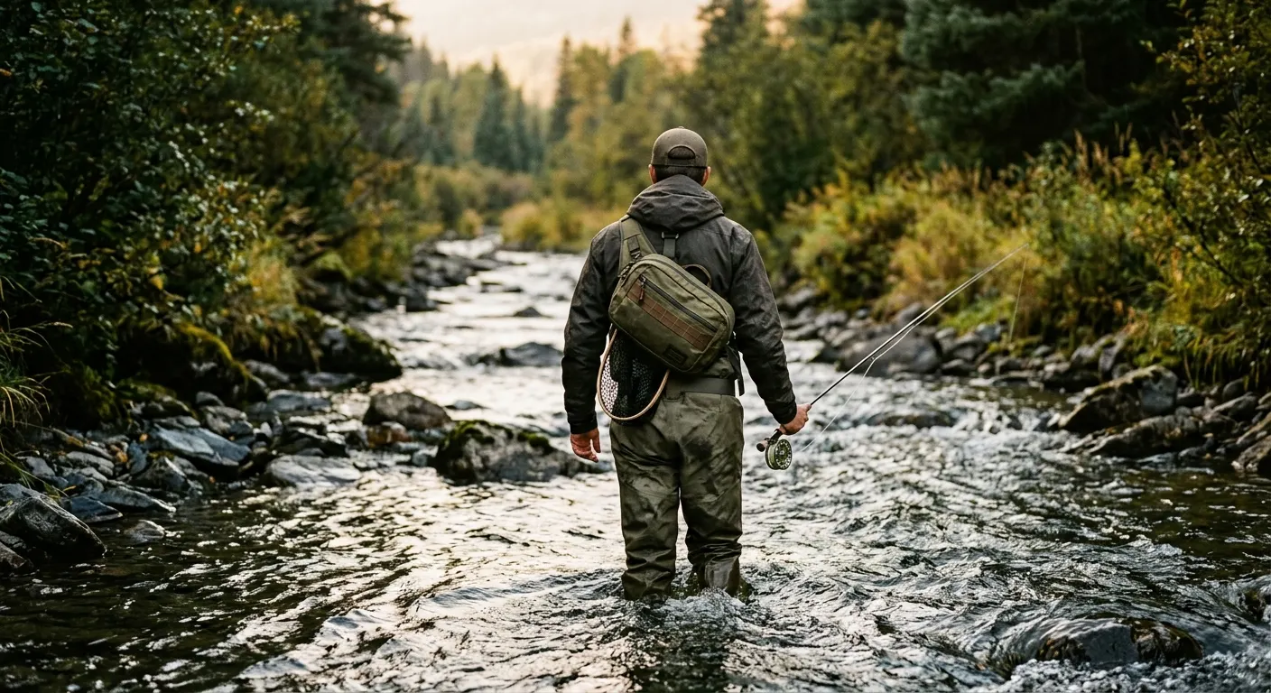 Fly angler wading a rocky mountain stream wearing a sling pack, rod in hand, viewed from behind, foliage and rippling current framing the scene