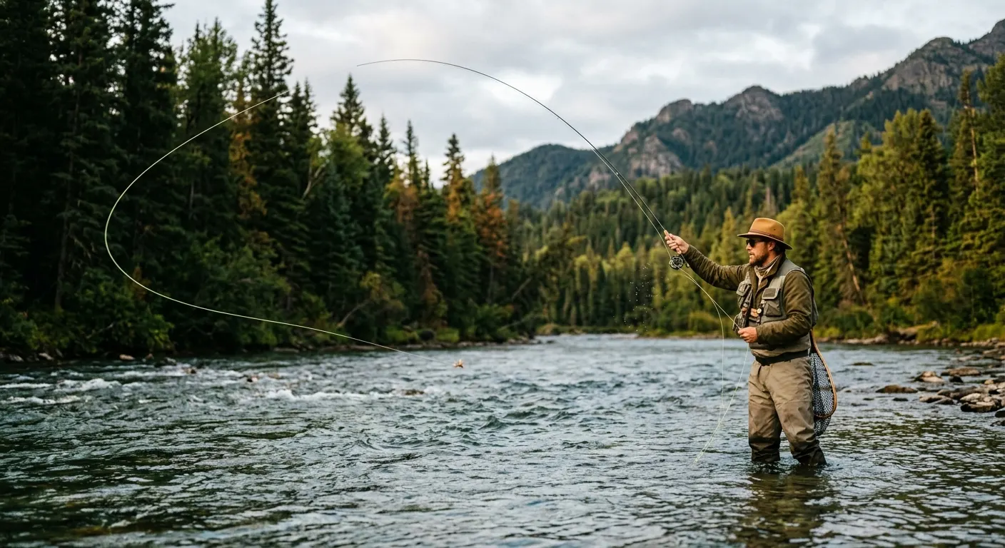 Fly angler wading a clear mountain stream at golden morning light with a long casting loop